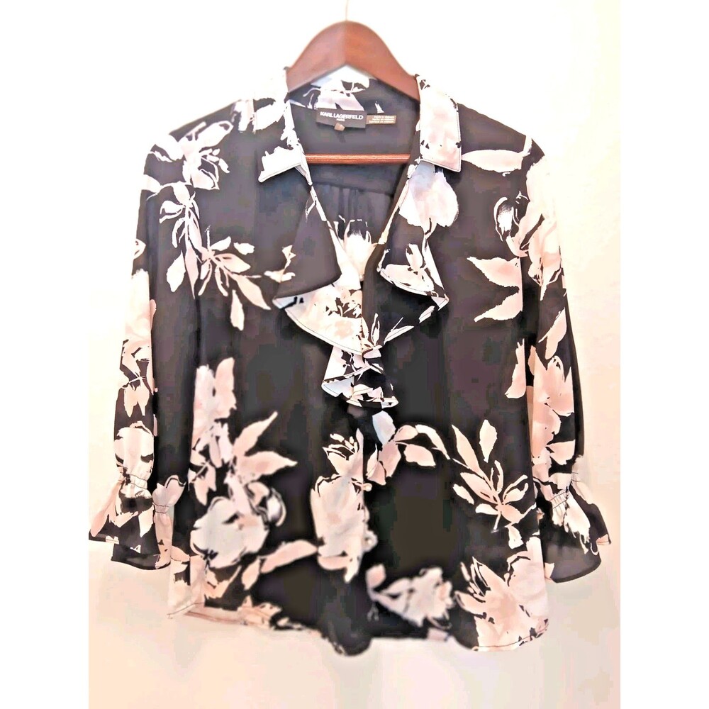 Karl Lagerfeld Paris Floral Ruffle Blouse Black Pink 3/4 Sleeve Women's M